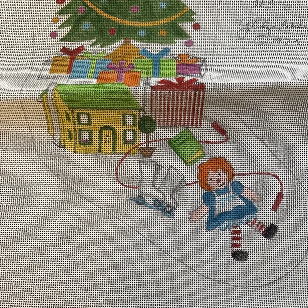 Vintage needlepoint canvas handpainted Christmas Tree & Presents Stocking New